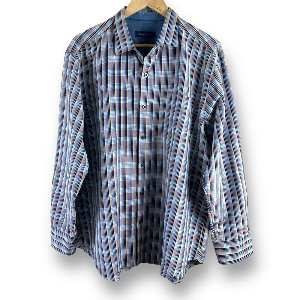 Tommy Bahama Men's XL 100% Silk Long Sleeve‎ Button Up Blue Brown Dot Plaid Fall